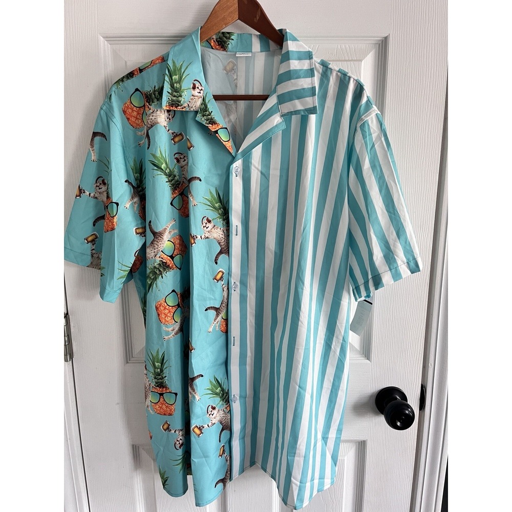 Mens XL Tropical Cat Beer Pineapple Striped Split Button Down Shirt Blue White - Picture 2 of 6